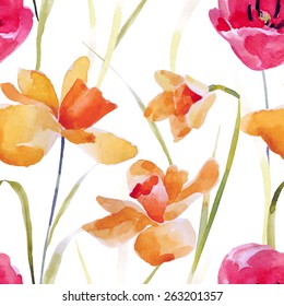 Watercolor flowers seamless pattern.Bright colors watercolor background.