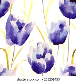 Watercolor flowers seamless pattern.Bright colors watercolor background.