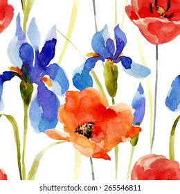Watercolor flowers seamless pattern.Bright colors watercolor background.