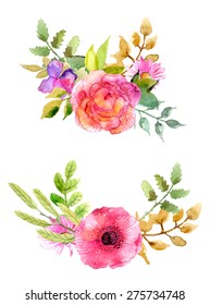 Watercolor flowers set. Colorful floral collection with leaves and flowers. Spring or summer design for invitation, wedding or greeting cards, Vector