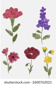 watercolor flowers in various styles with green stems.