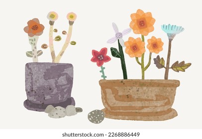 Watercolor flowers in vase and pot, vector illustration collection. cute nature. isolated on white background, hand drawn floral