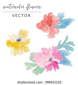 Watercolor Flowers Vector with Bright Painted Bouquets