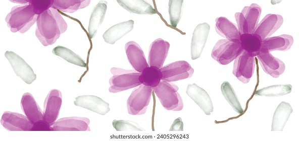 Watercolor flowers vector seamless pattern on white background.