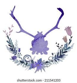 Watercolor flowers wreath with antler in vector
