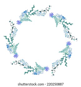 Watercolor flowers wreath in blue color. Hand painted wedding illustration.