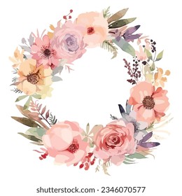 Watercolor Flowers Wreath with Leaves Illustration