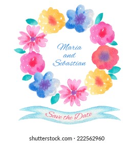 Watercolor flowers wreath and ribbon. Vector Save the Date card template.