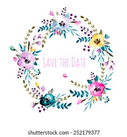 Watercolor flower`s wreath. Vector floral background. Flowers and plants frame in vector. Hand-painted wedding illustration for your design. 