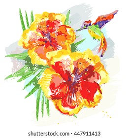 Watercolor flowers,leaves and bird hand drawn vector
