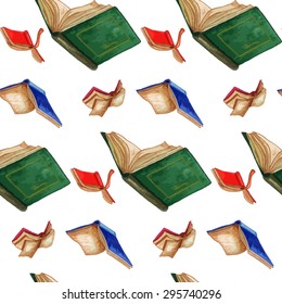 Watercolor Flying Open Book seamless pattern on white background. Watercolor texture. Back to school themed design. Red, Green, Blue & White vector backdrop.
