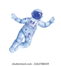 Watercolor flying spaceman, floating astronaut in space suit. Watercolor vector illustration