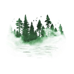 Watercolor Foggy Coniferous Forest With River In Green Colors. Vector Silhouette Of Trees. Nature Hand Drawn Illustration With Splashes