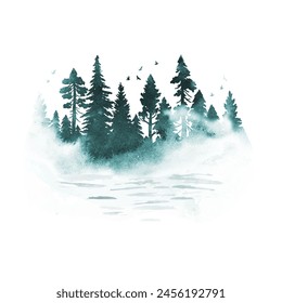 Watercolor foggy coniferous forest with river and birds in blue colors. Vector silhouette of trees. Nature hand drawn illustration with splashes