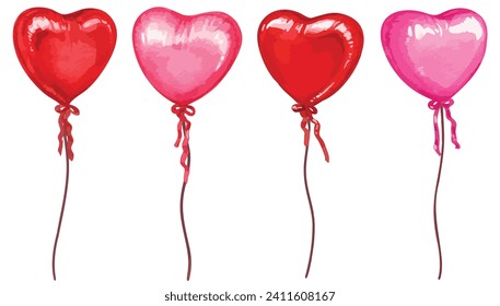 Colores de color de agua lanzan globos de corazón en colores rojo y rosa para San Valentín, amor, boda y diseños románticos 