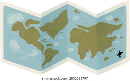 Watercolor Folded World Map Illustration. Cute Hand-Drawn Paper Atlas and Earth Chart for Travel, Exploration, Geography Education, and Adventure Concept, Isolated on Transparent Background.