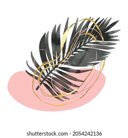 Watercolor foliage design element in modern handdrawn style.Summer tropical leaf. Floral background set. Print, poster,banner,template.