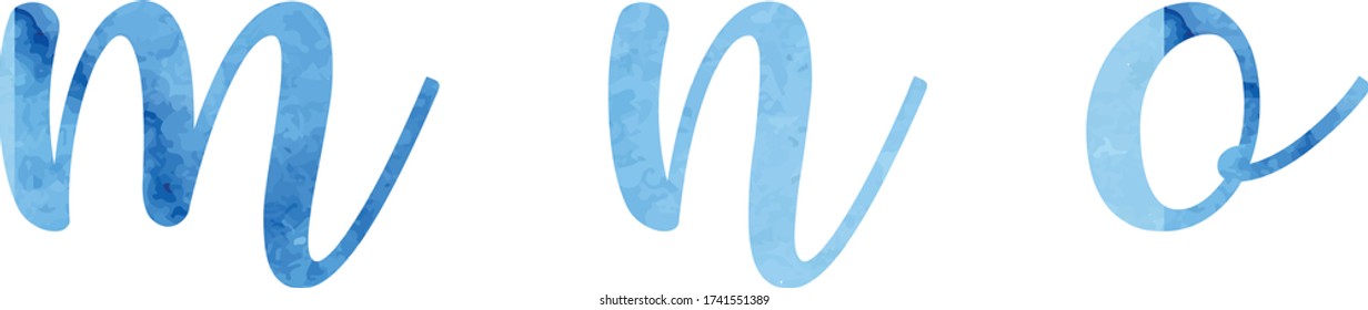 Watercolor font, blue, script, calligraph, letters, vector M N O