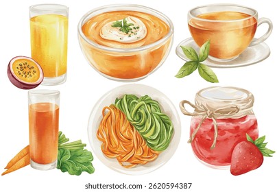 Watercolor Food Clip Art Set Hand Painted Juice Tea Soup Jam Pasta Carrot Strawberry Illustration
