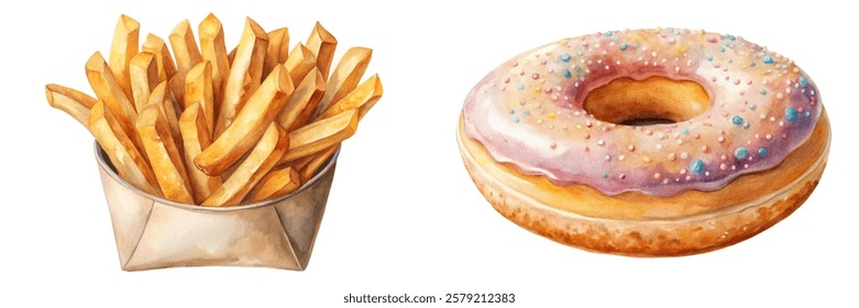 Watercolor food illustration, crispy French fries, colorful donut, delicious snacks, vibrant dessert, tempting treats.