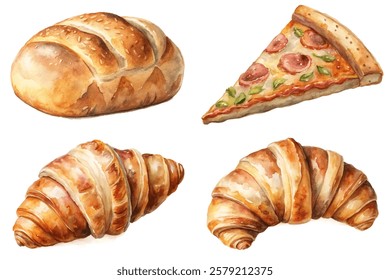 Watercolor food illustration, fresh baked bread, delicious pizza slice, flaky croissants, culinary art style.