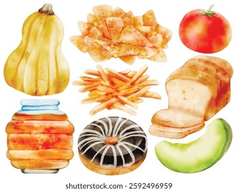 Watercolor Food Ingredients and Snacks Illustration Set - Hand-Painted, Realistic, Rustic Style - Bread, French Fries, Nachos, Honey Jar, Donut, Tomato, Melon, Pumpkin, Vector Illustration