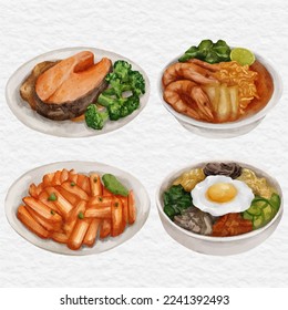 watercolor food steak noodle pasta bibimbub clip art illustration