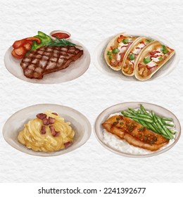 watercolor food taco steak pasta rice with steak illustration