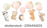 Watercolor forest animal with balloon Fox Deer Bear Raccoon Decoration nursery kids Birthday girl party Print for invitation card Baby shower Poster Template