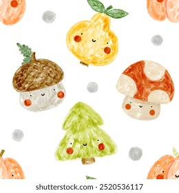 watercolor forest autumn pear, mushroom, acorn, pumpkin, pine tree colorful vector seamless pattern for kids