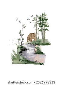 Bosque de acuarela con oso. Composición del Vector de Woodland.