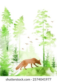 Watercolor forest with fox. Woodland vector composition