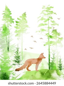 Watercolor forest with fox. Woodland vector composition