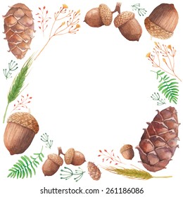 Watercolor forest frame. Hand painted round frame card design with acorns, cones, twigs and herbs. Natural objects on white background. Vector illustration