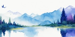 Watercolor Forest Landscape Background. Beautiful Watercolor Nature Landscape With Lake,mountains And Forest.Watercolor Illustration Design Elements For  Landscape Background And Wallpaper.