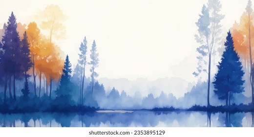 Watercolor forest landscape background. Beautiful autumn watercolor nature landscape with lake, mountains and forest.Watercolor illustration design elements for  landscape background and wallpaper.