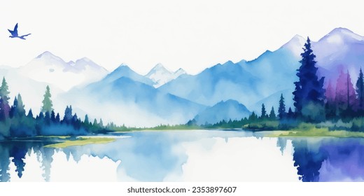 Watercolor forest landscape background. Beautiful watercolor nature landscape with lake,mountains and forest.Watercolor illustration design elements for  landscape background and wallpaper.