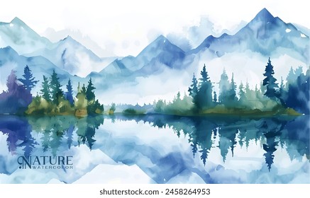 Watercolor forest landscape background. Beautiful watercolor nature landscape with lake,mountains and forest.Watercolor illustration design elements for landscape background and wallpaper.