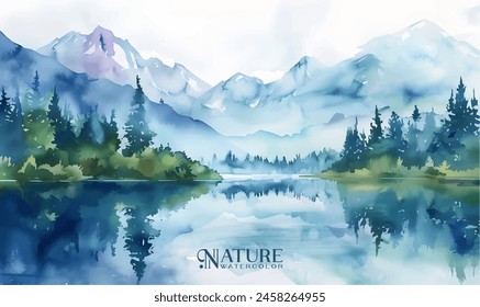 Watercolor forest landscape background. Beautiful watercolor nature landscape with lake,mountains and forest.Watercolor illustration design elements for landscape background and wallpaper.