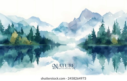 Watercolor forest landscape background. Beautiful watercolor nature landscape with lake,mountains and forest.Watercolor illustration design elements for landscape background and wallpaper.