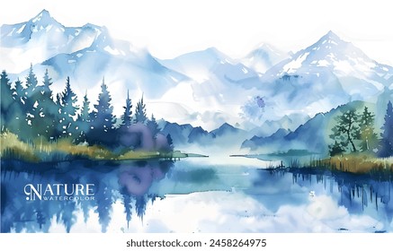 Watercolor forest landscape background. Beautiful watercolor nature landscape with lake,mountains and forest.Watercolor illustration design elements for landscape background and wallpaper.