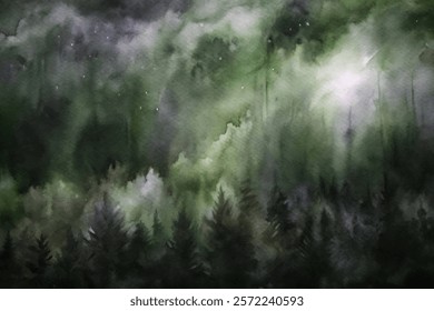 Watercolor forest landscape, green tones, misty atmosphere, serene nature scene, artistic background, calming visuals.