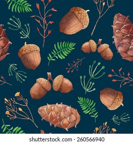 Watercolor forest pattern. Hand painted seamless texture with acorns, cones, twigs and herbs. Natural objects on dark blue background. Vector illustration