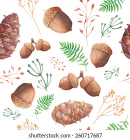 Watercolor forest pattern. Hand painted seamless texture with acorns, cones, twigs and herbs. Natural objects on white background. Vector illustration