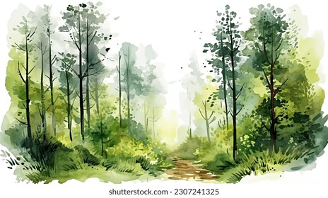 watercolor forest, trees, nature, sky