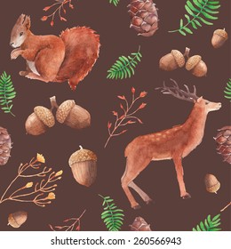 Watercolor forest wildlife pattern. Hand painted seamless texture with deer, red squirrel, acorns, cones, twigs and herbs. Natural objects on dark background. Vector illustration