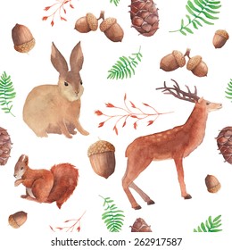 Watercolor forest wildlife pattern. Hand painted seamless texture with deer, red squirrel, rabbit, acorns, cones, twigs and herbs. Natural objects on dark background. Vector illustration