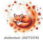 A watercolor fox curled up in an autumnal swirl of leaves and acorns, animals, watercolor style, white background, with copy space