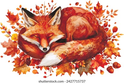 A watercolor fox curled up in an autumnal swirl of leaves and acorns, animals, watercolor style, white background, with copy space