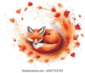 A watercolor fox curled up in an autumnal swirl of leaves and acorns, animals, watercolor style, white background, with copy space